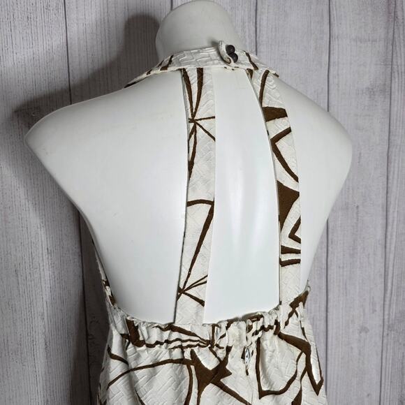 VTG Handmade Brown/White Abstract Floral Open Back Maxi Halter Dress, sz Small - Picture 5 of 7